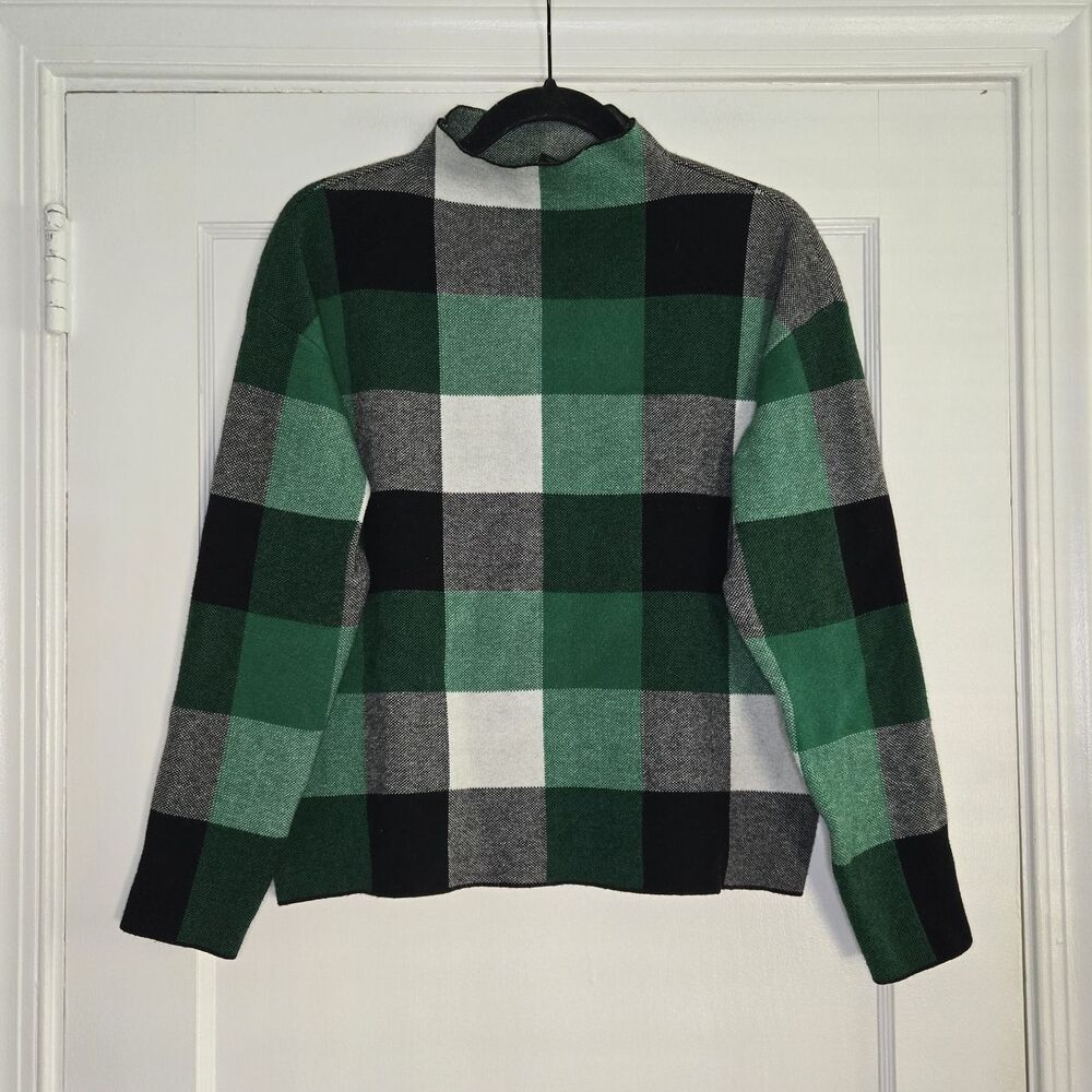 Tahari Green Plaid Mock Neck Sweater Womens M Knit Pullover